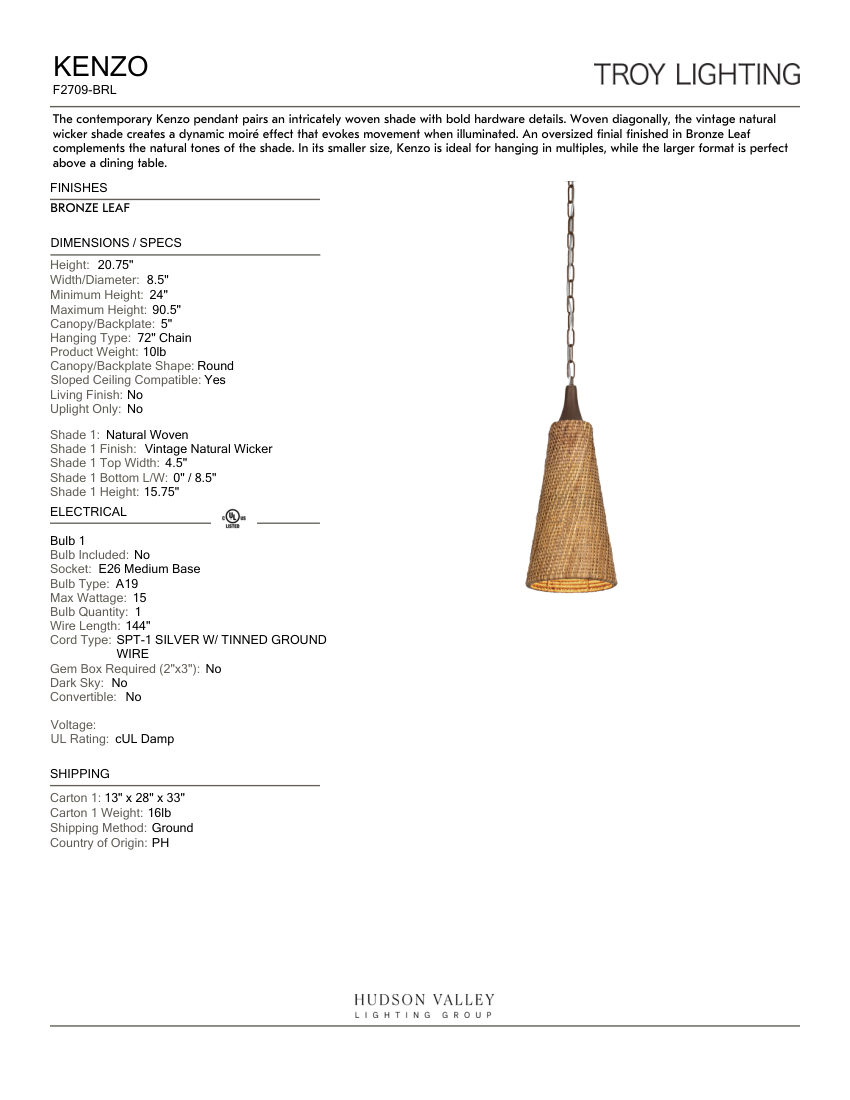 Troy Lighting F2709-BRL cut sheet — first page
