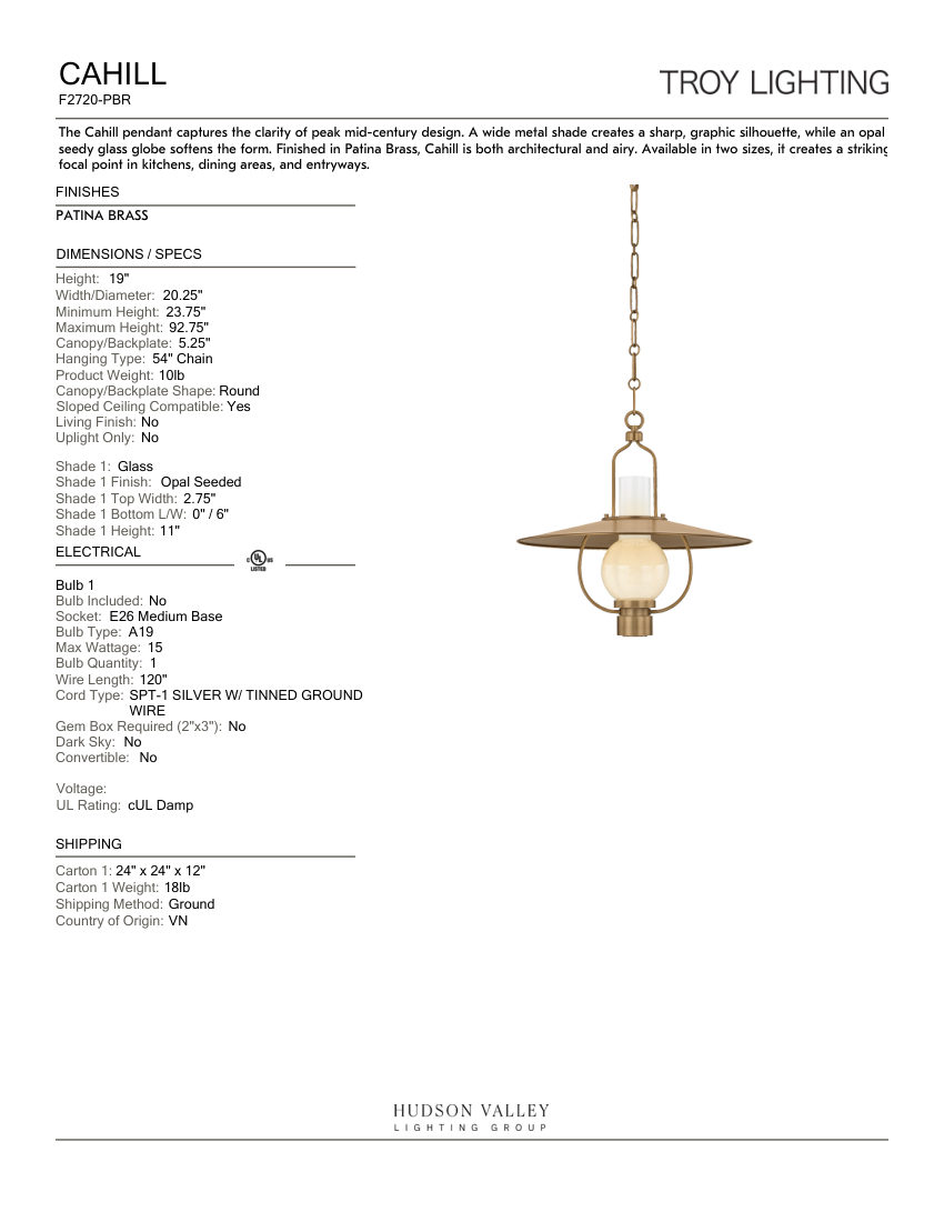 Troy Lighting F2720-PBR cut sheet — first page