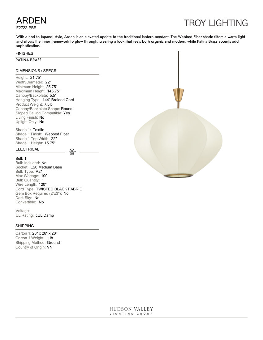 Troy Lighting F2722-PBR cut sheet — first page