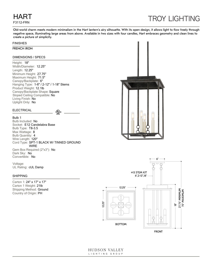 Troy Lighting F3112-FRN cut sheet — first page