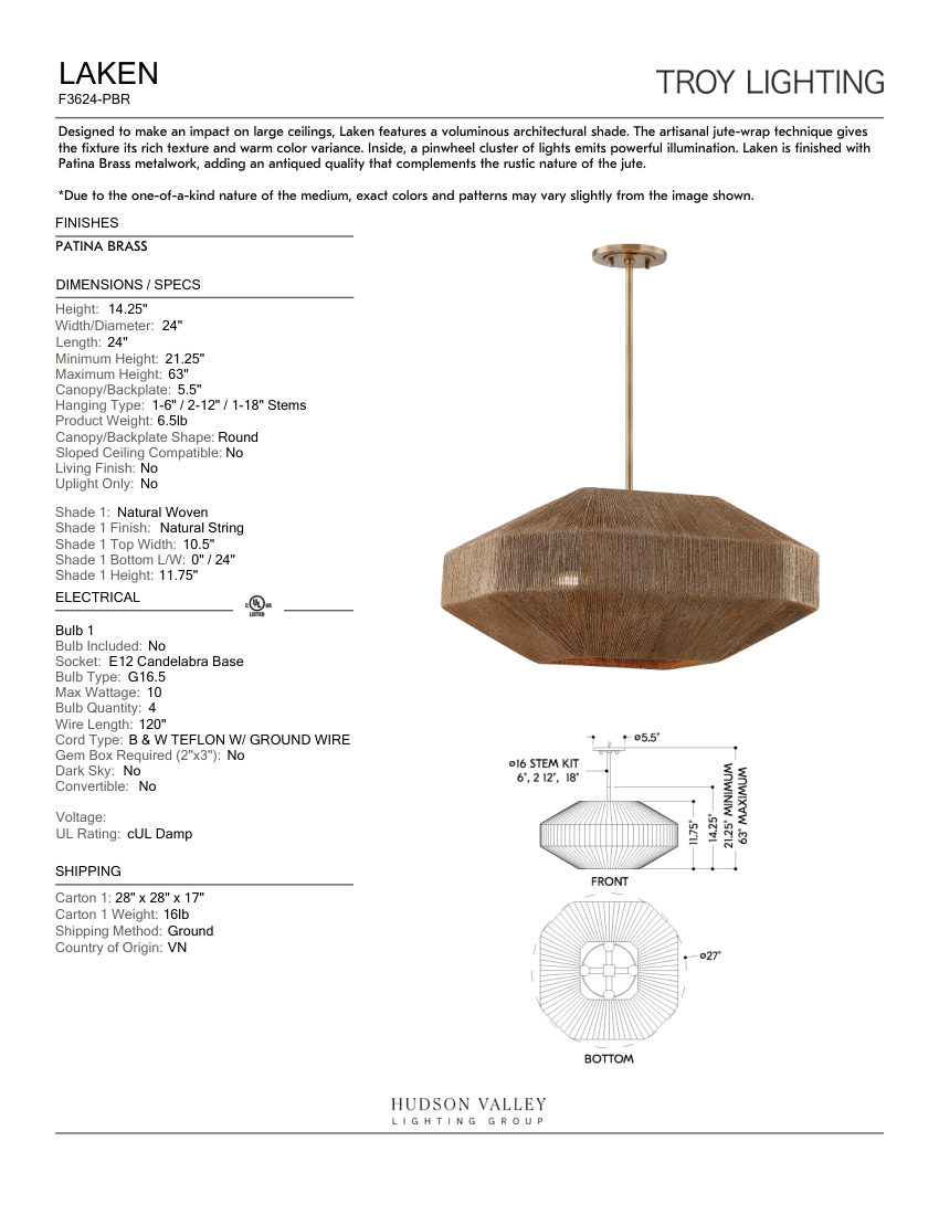 Troy Lighting F3624-PBR cut sheet — first page