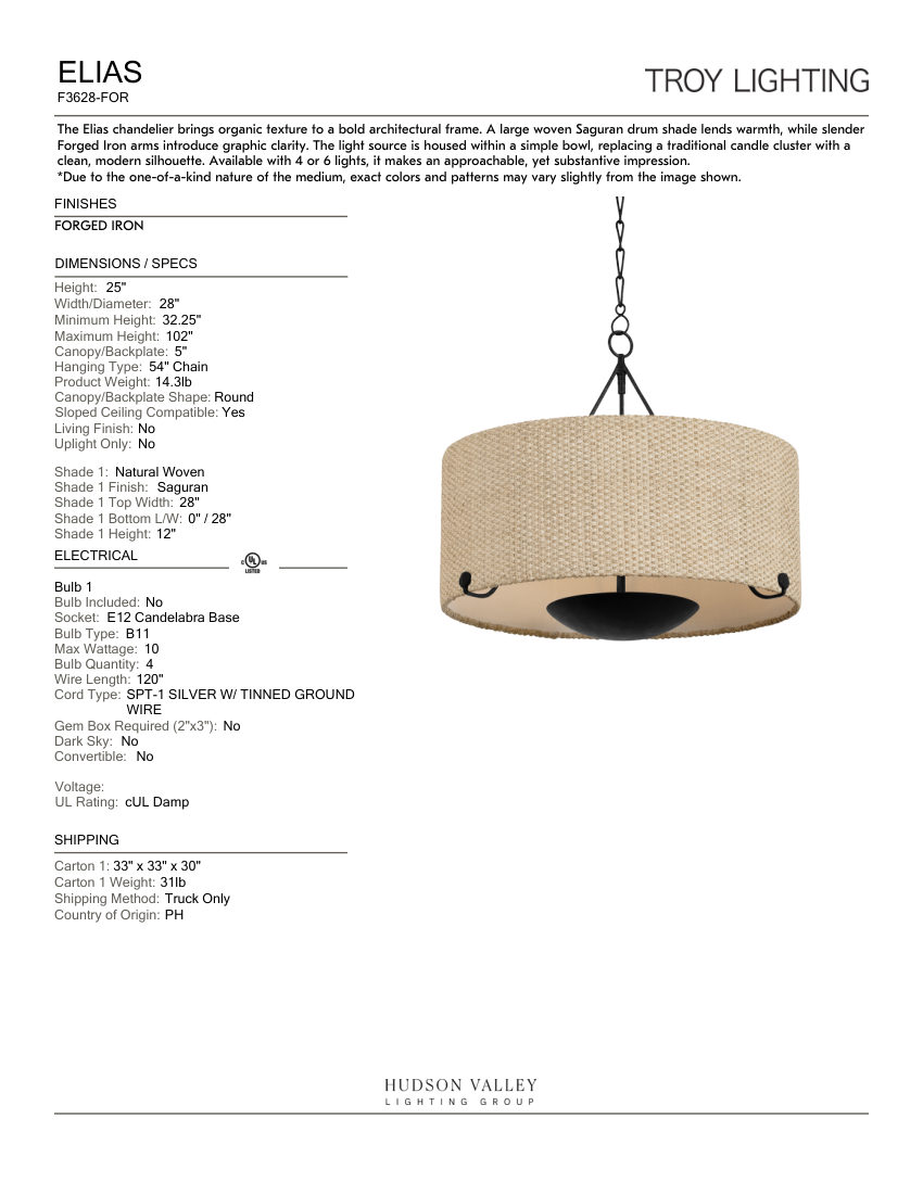 Troy Lighting F3628-FOR cut sheet — first page