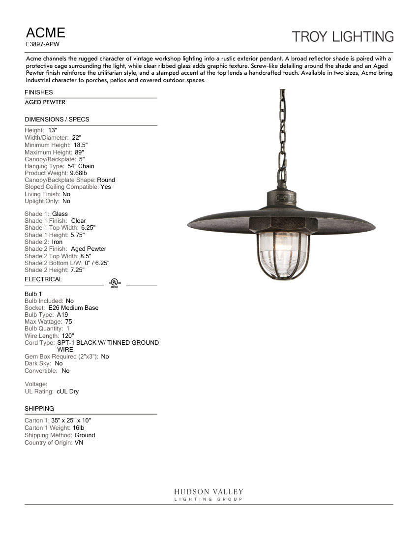 Troy Lighting F3897-APW cut sheet — first page