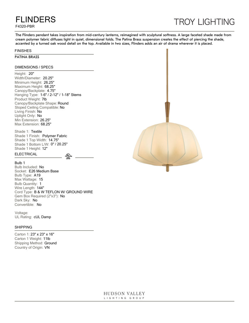 Troy Lighting F4320-PBR cut sheet — first page