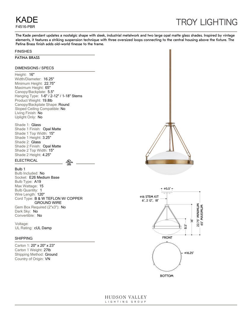 Troy Lighting F4516-PBR cut sheet — first page