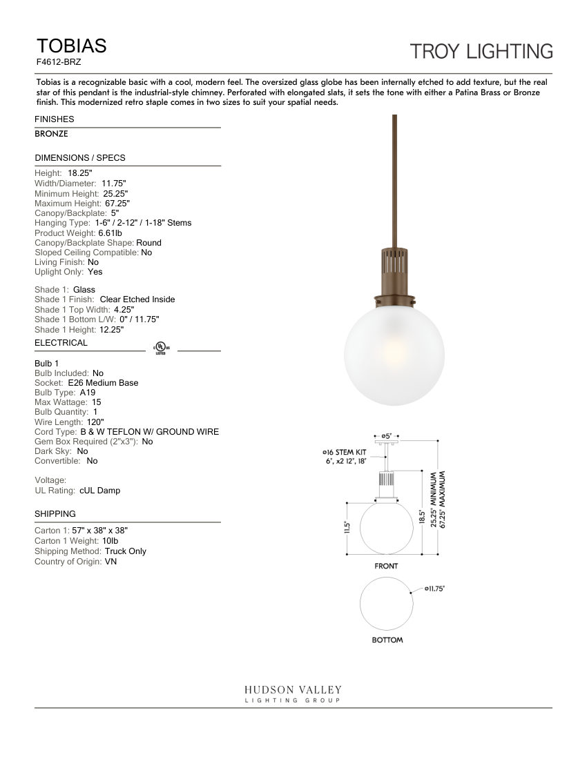 Troy Lighting F4612-BRZ cut sheet — first page