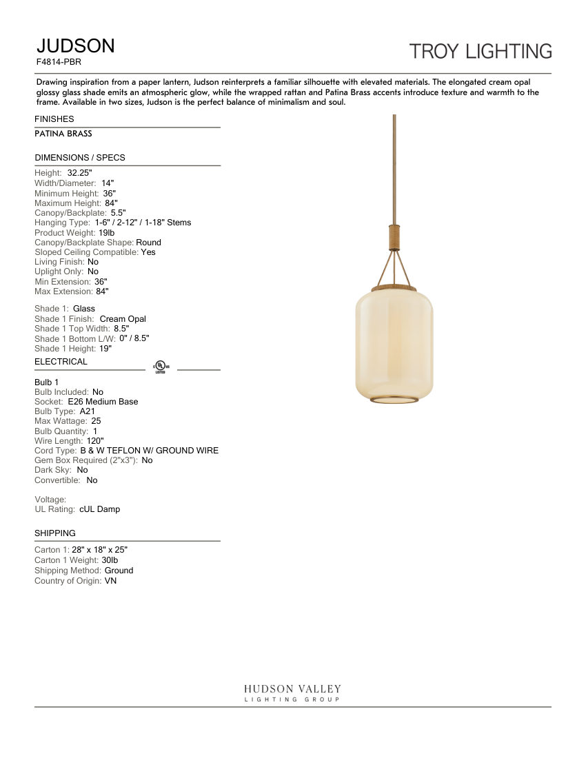 Troy Lighting F4814-PBR cut sheet — first page