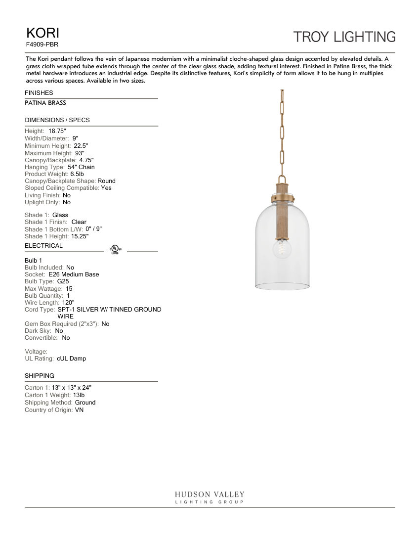 Troy Lighting F4909-PBR cut sheet — first page