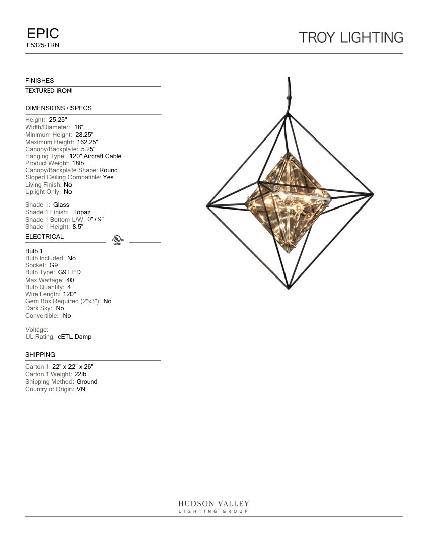 Troy Lighting F5325-TRN cut sheet — first page