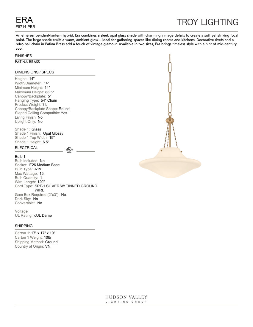 Troy Lighting F5714-PBR cut sheet — first page