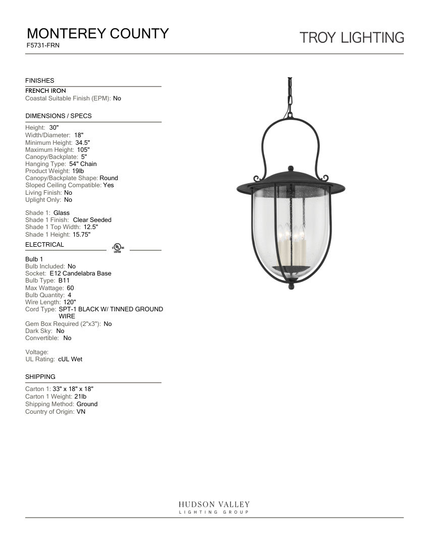 Troy Lighting F5731-FRN cut sheet — first page