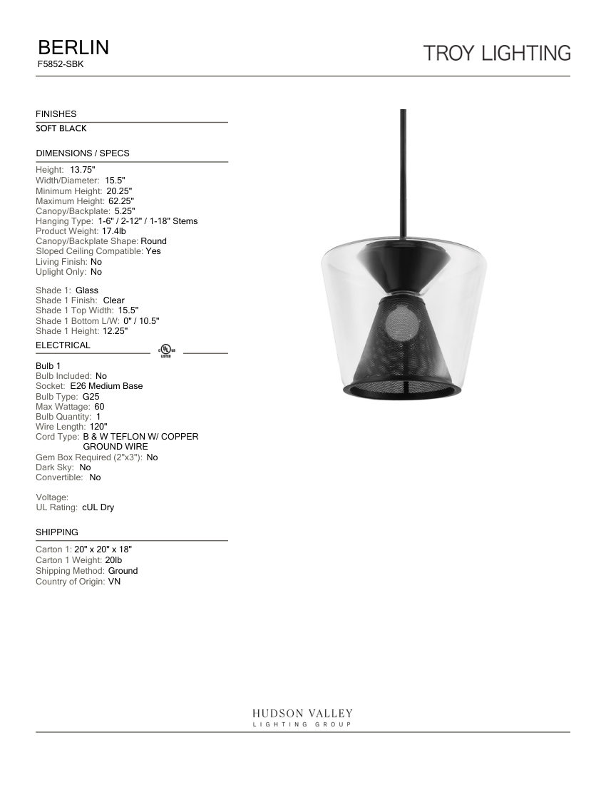 Troy Lighting F5852-SBK cut sheet — first page