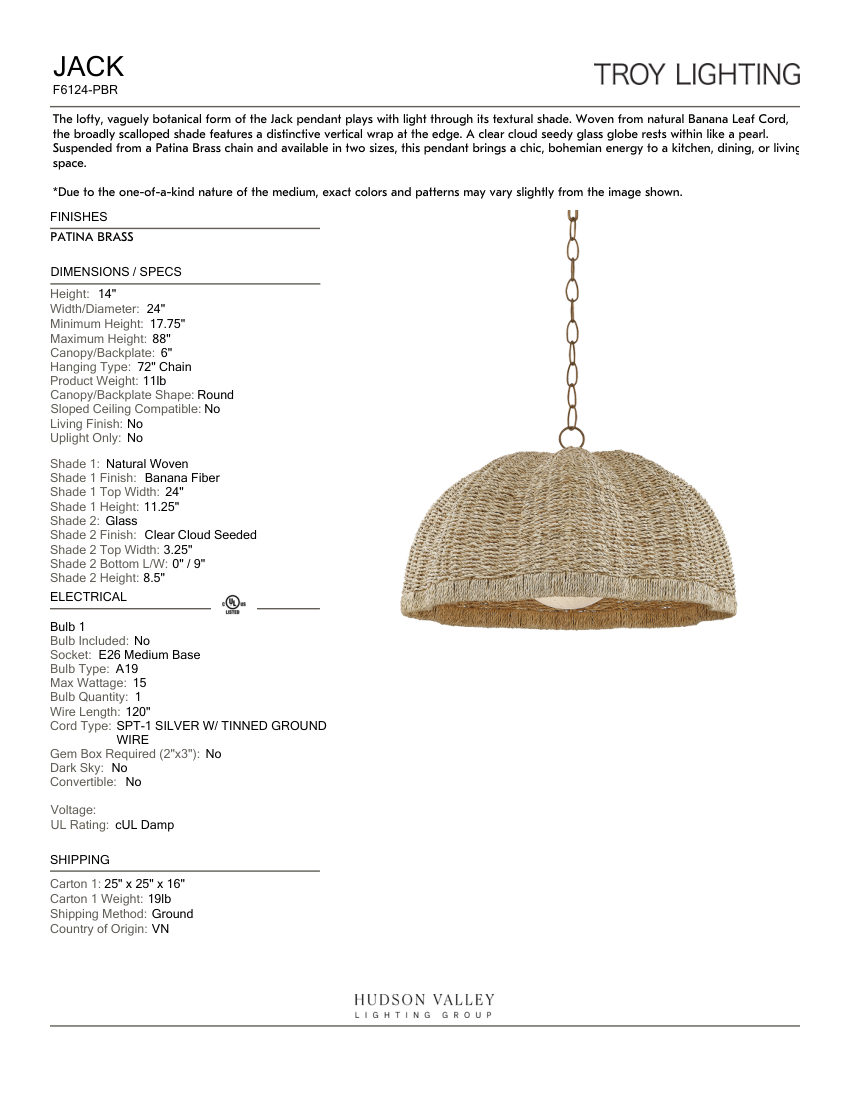 Troy Lighting F6124-PBR cut sheet — first page
