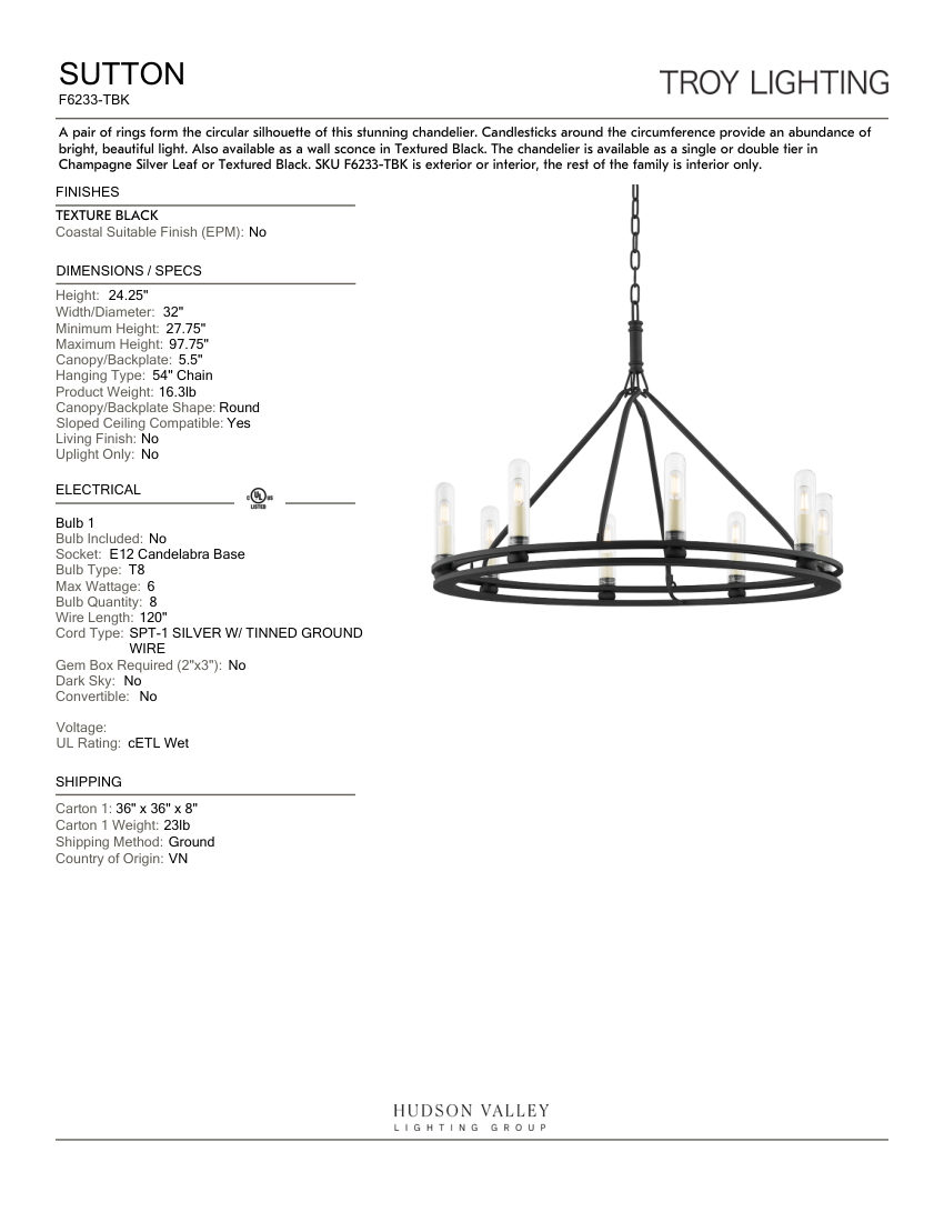 Troy Lighting F6233-TBK cut sheet — first page