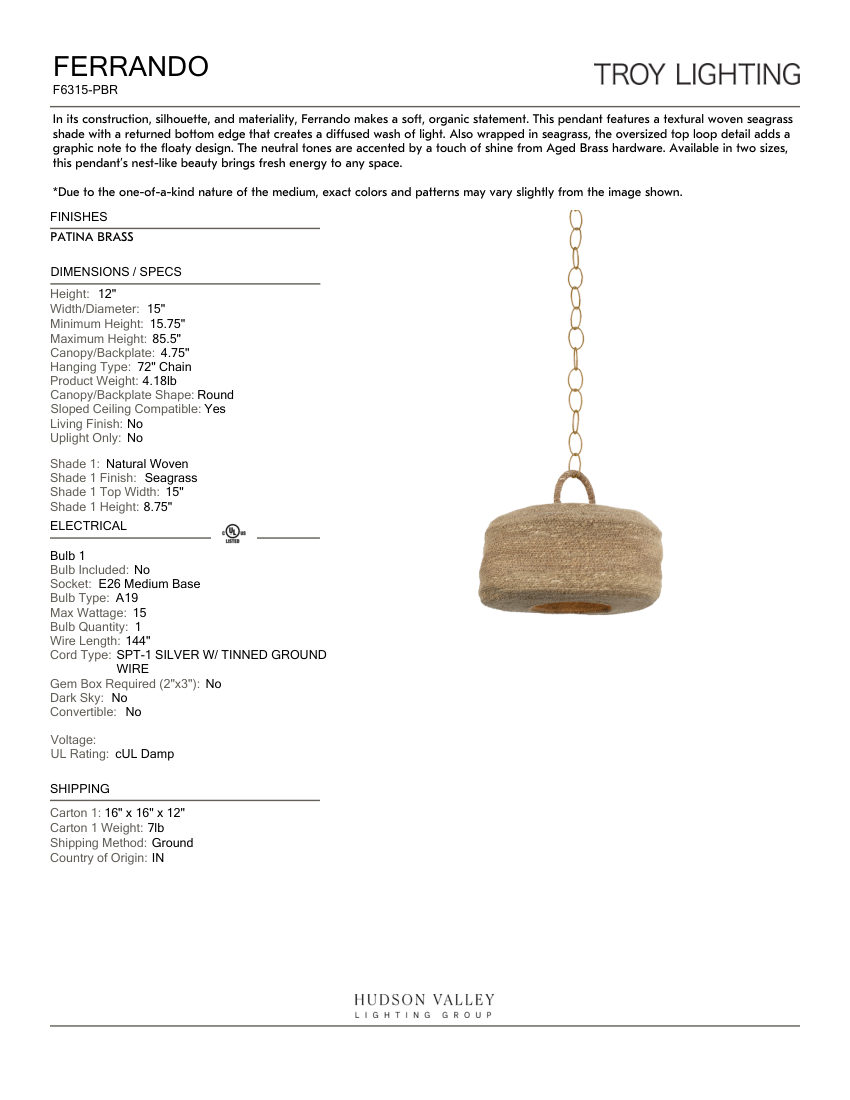 Troy Lighting F6315-PBR cut sheet — first page