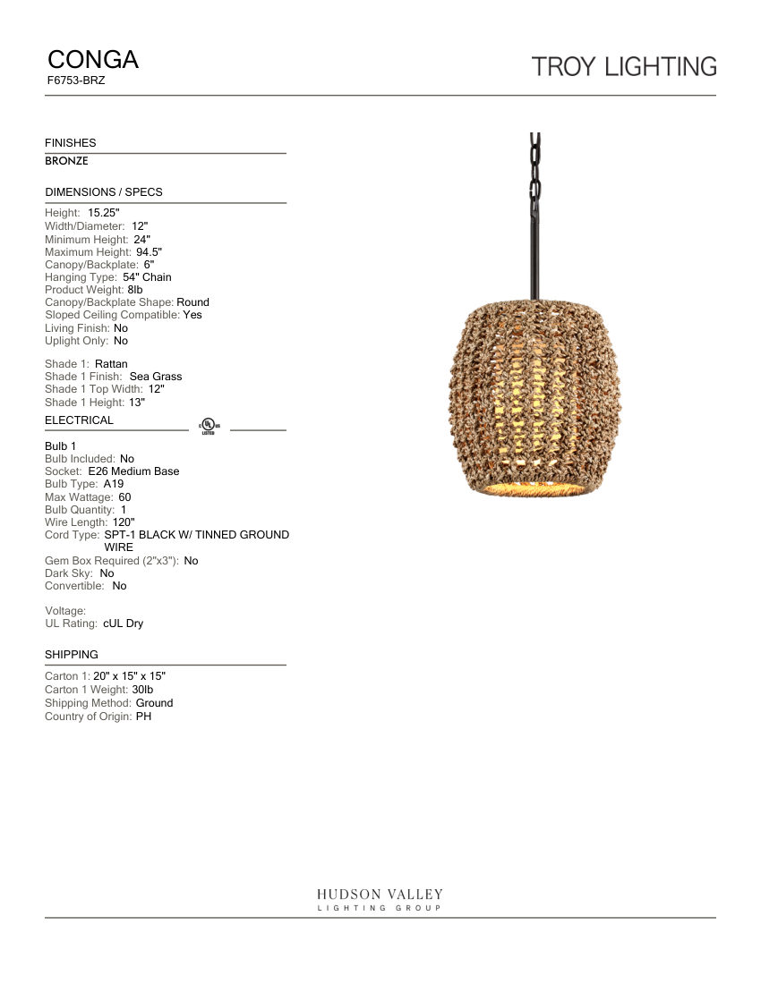 Troy Lighting F6753-BRZ cut sheet — first page