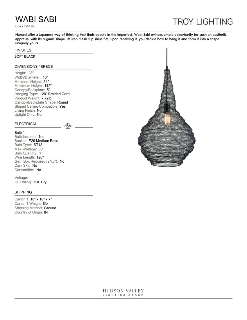 Troy Lighting F6771-SBK cut sheet — first page