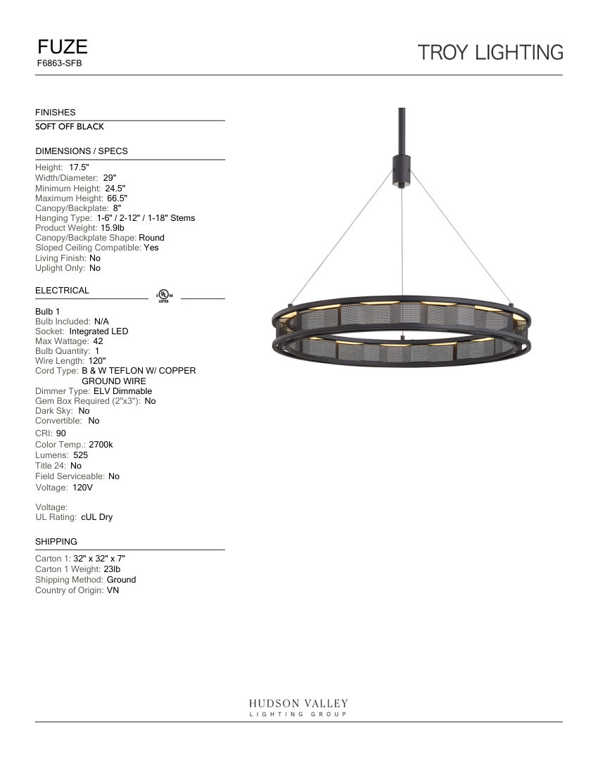 Troy Lighting F6863-SFB cut sheet — first page