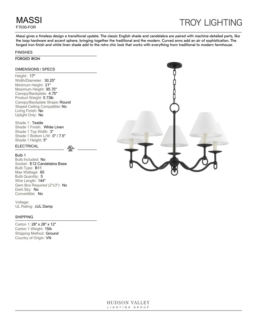 Troy Lighting F7030-FOR cut sheet — first page