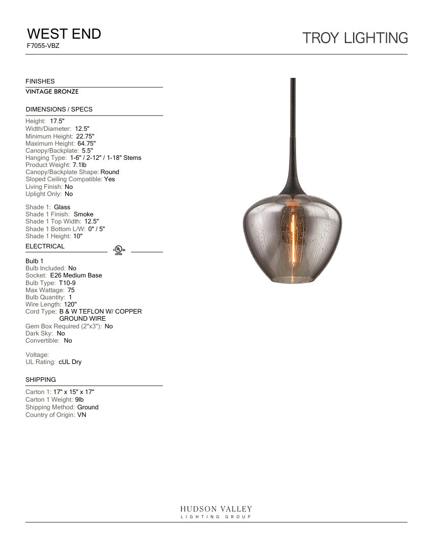 Troy Lighting F7055-VBZ cut sheet — first page