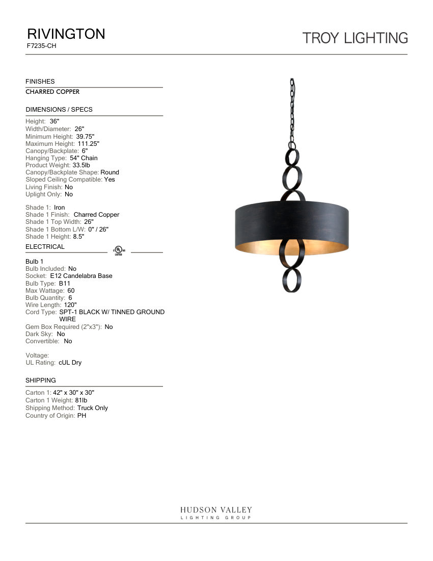 Troy Lighting F7235-CH cut sheet — first page