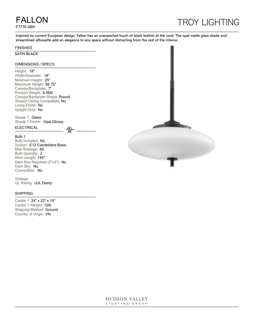 Troy Lighting F7776-SBK cut sheet — first page