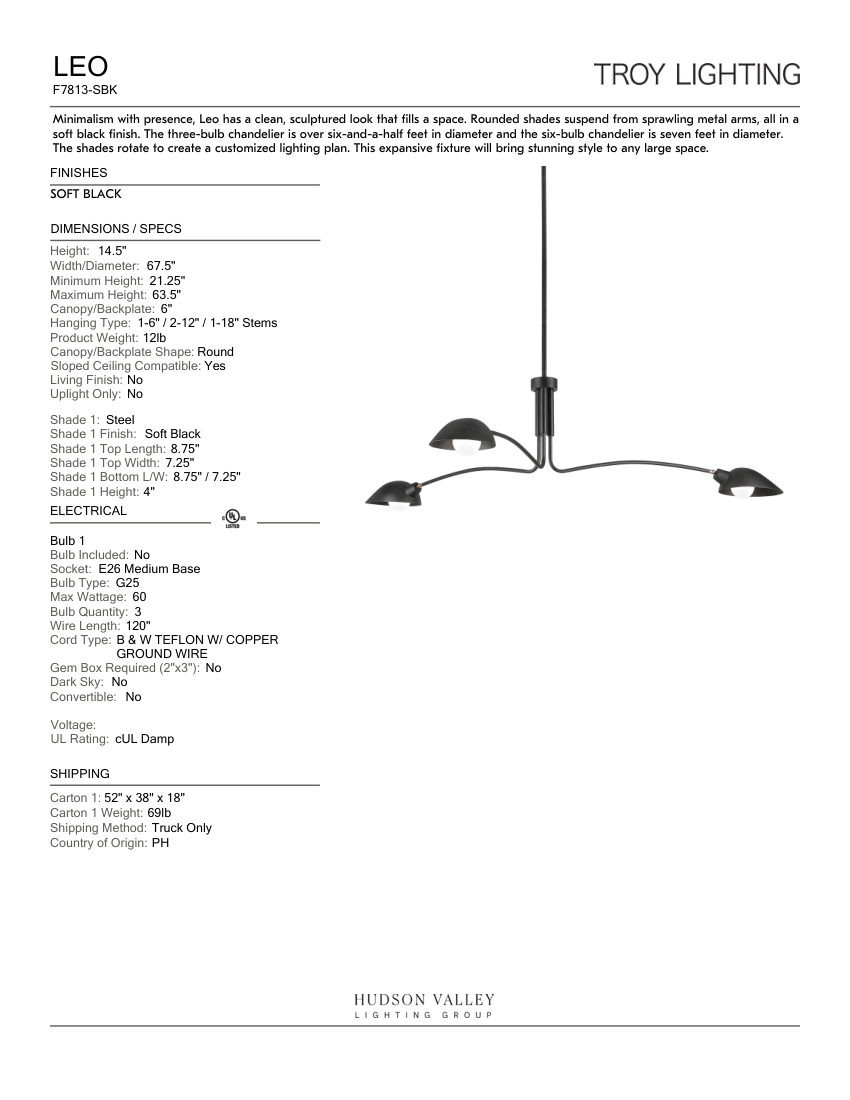 Troy Lighting F7813-SBK cut sheet — first page