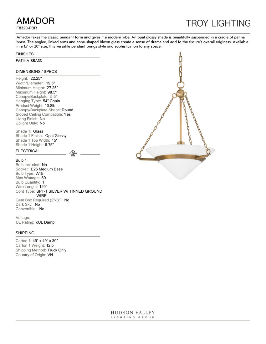 Troy Lighting F8320-PBR cut sheet — first page