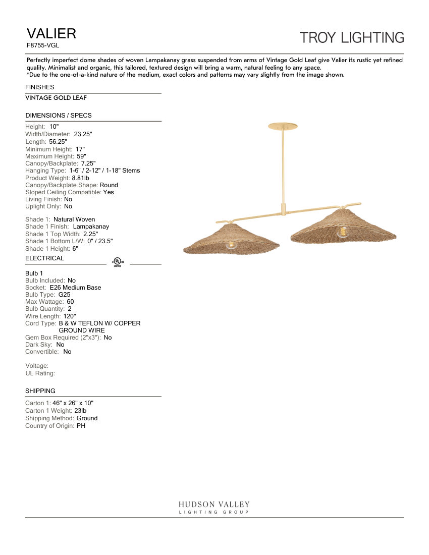 Troy Lighting F8755-VGL cut sheet — first page