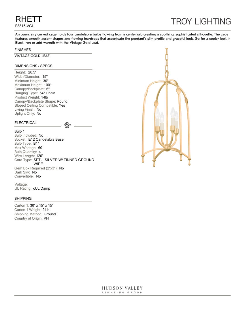 Troy Lighting F8815-VGL cut sheet — first page