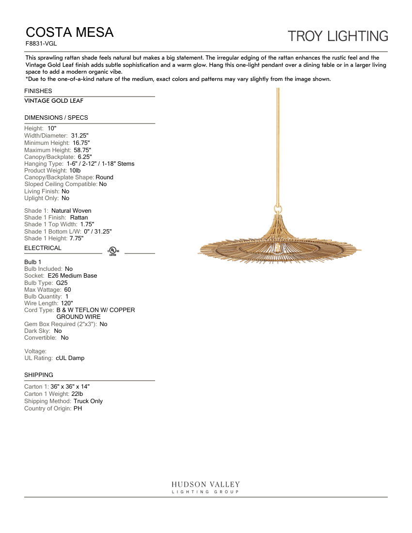 Troy Lighting F8831-VGL cut sheet — first page