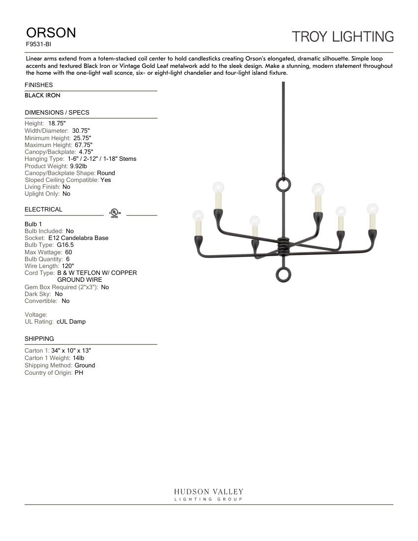 Troy Lighting F9531-BI cut sheet — first page