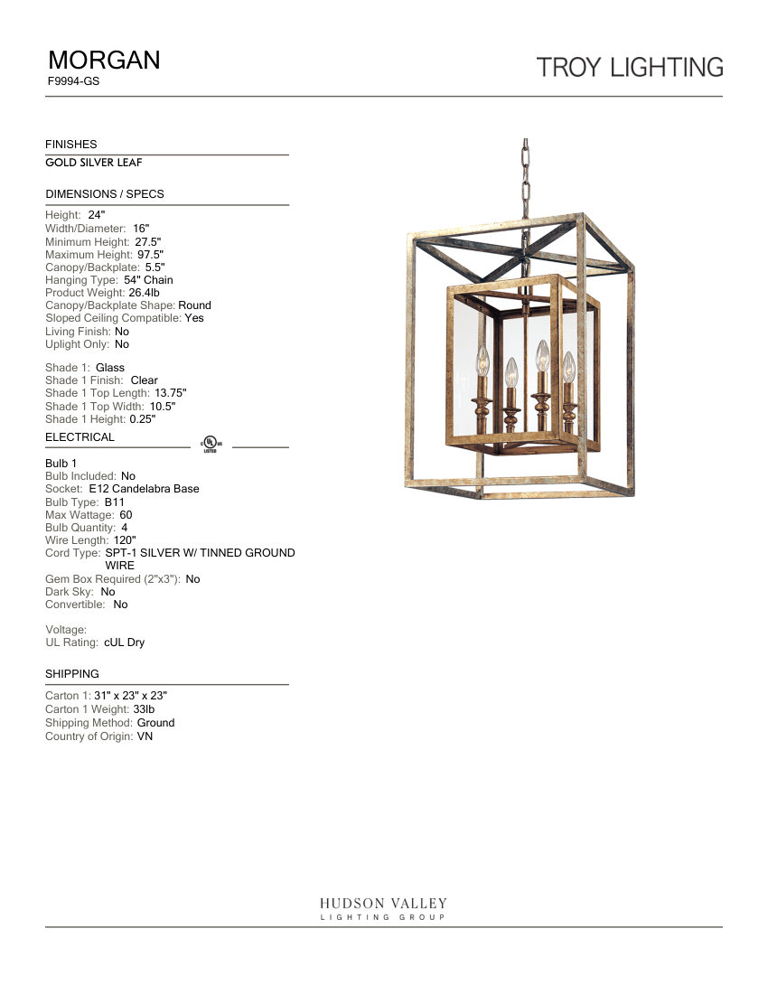 Troy Lighting F9994-GS cut sheet — first page
