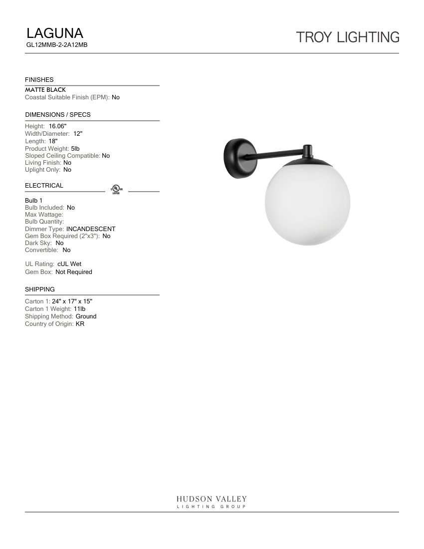 Troy Lighting GL12MMB-2-2A12MB cut sheet — first page