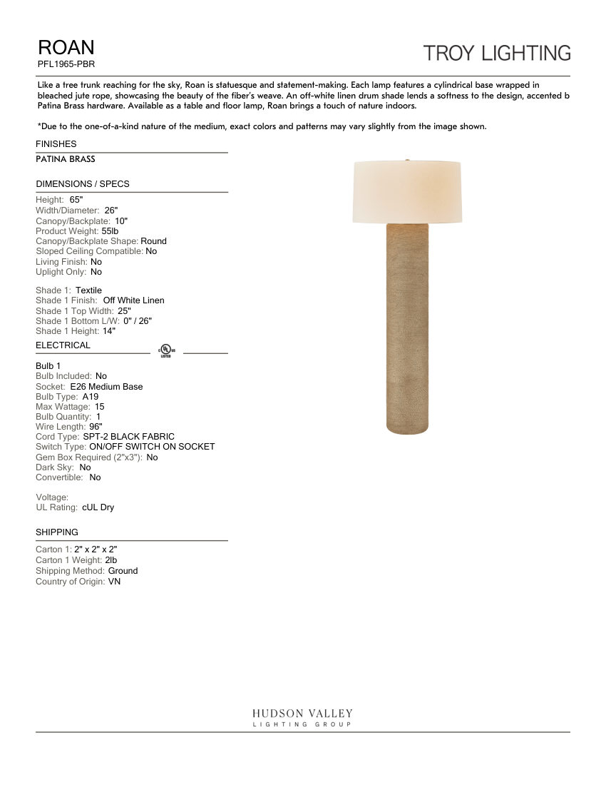 Troy Lighting PFL1965-PBR cut sheet — first page
