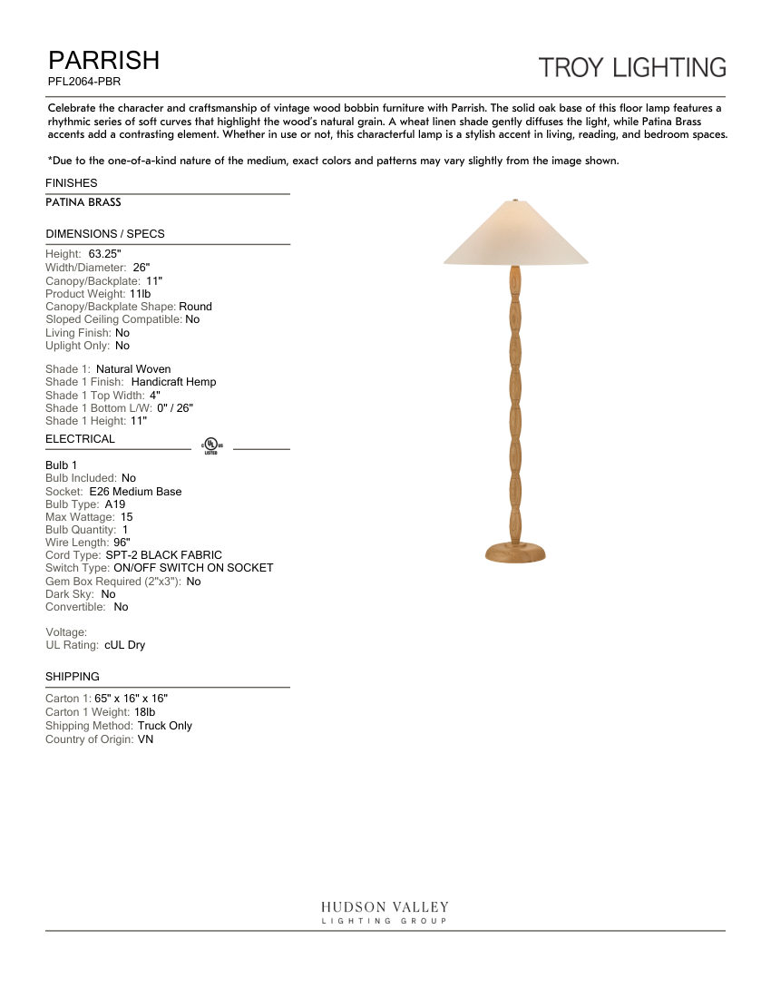 Troy Lighting PFL2064-PBR cut sheet — first page