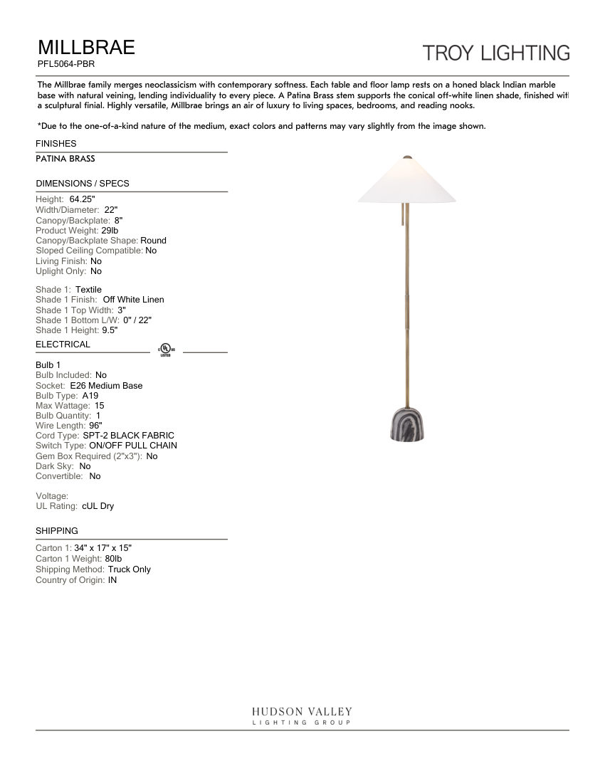 Troy Lighting PFL5064-PBR cut sheet — first page