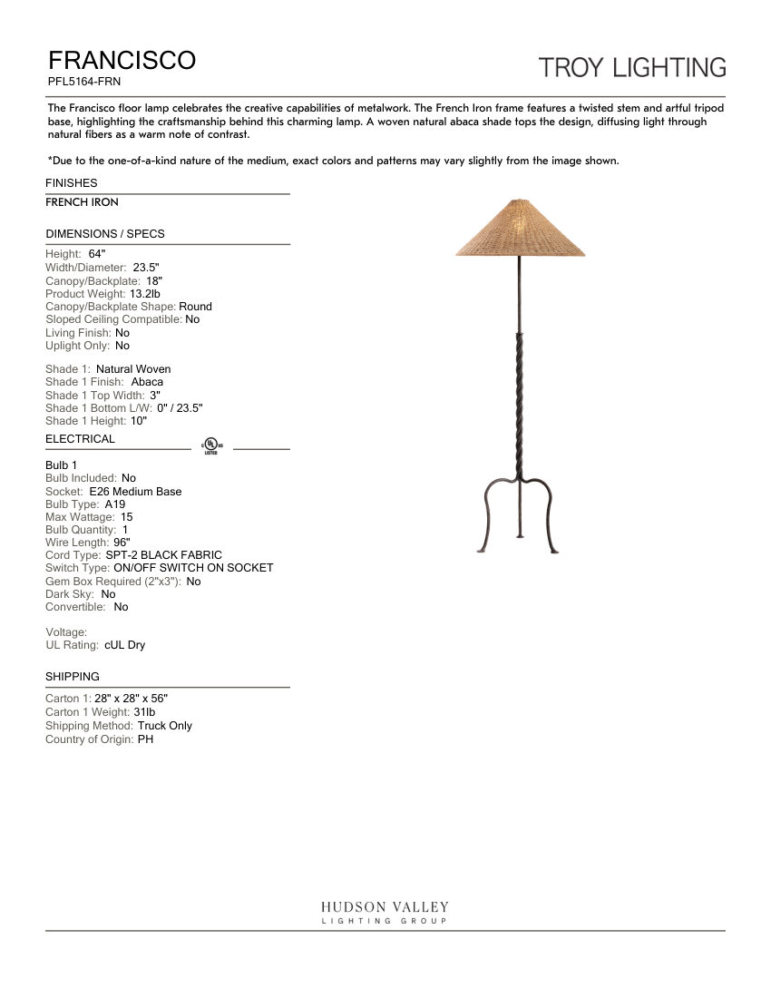 Troy Lighting PFL5164-FRN cut sheet — first page