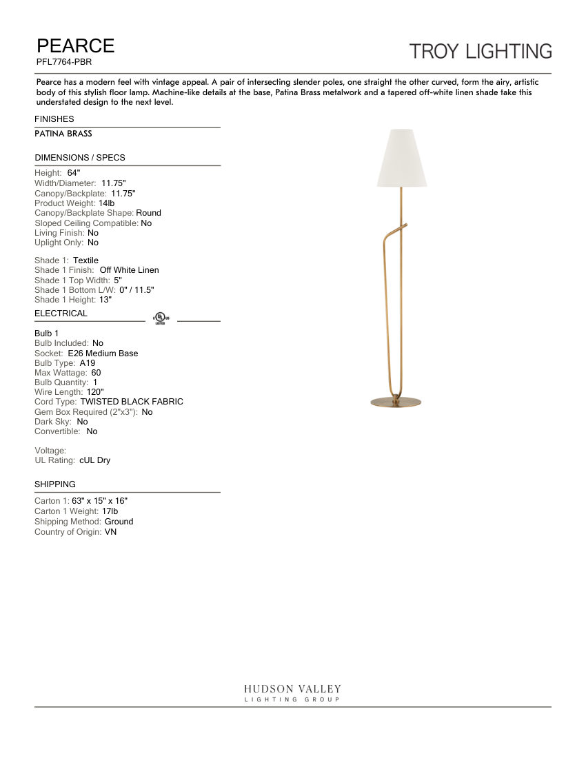 Troy Lighting PFL7764-PBR cut sheet — first page