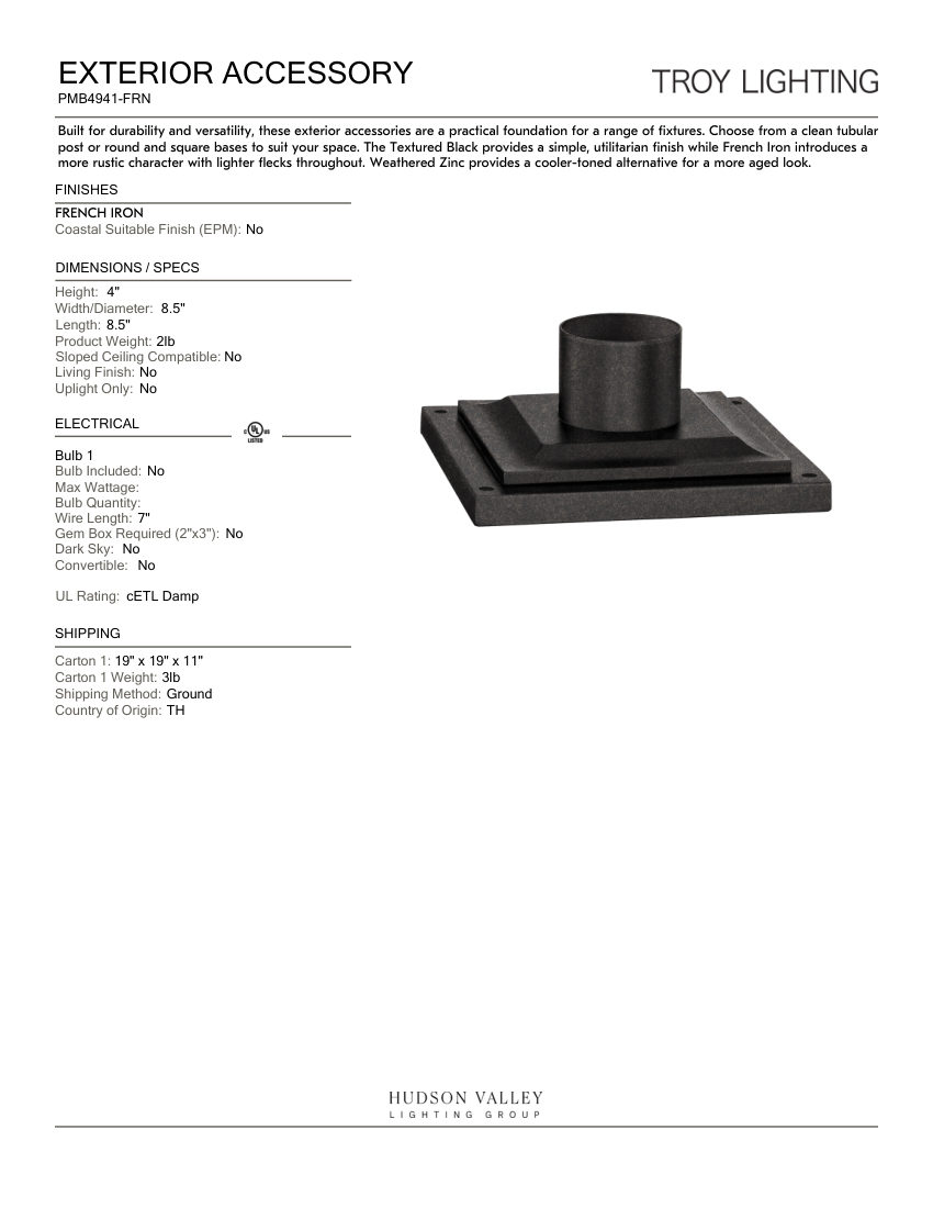 Troy Lighting PMB4941-FRN cut sheet — first page