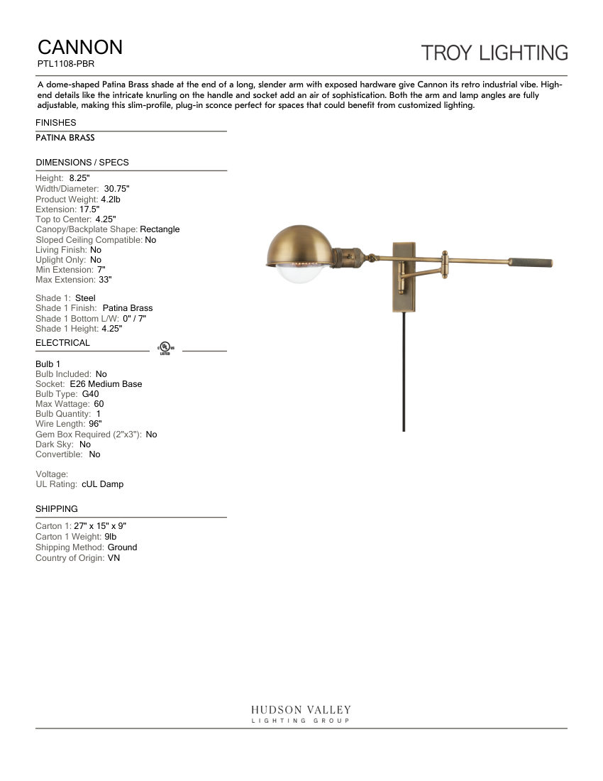 Troy Lighting PTL1108-PBR cut sheet — first page