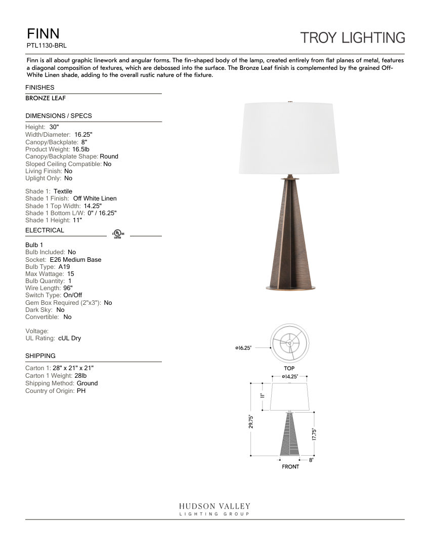 Troy Lighting PTL1130-BRL cut sheet — first page