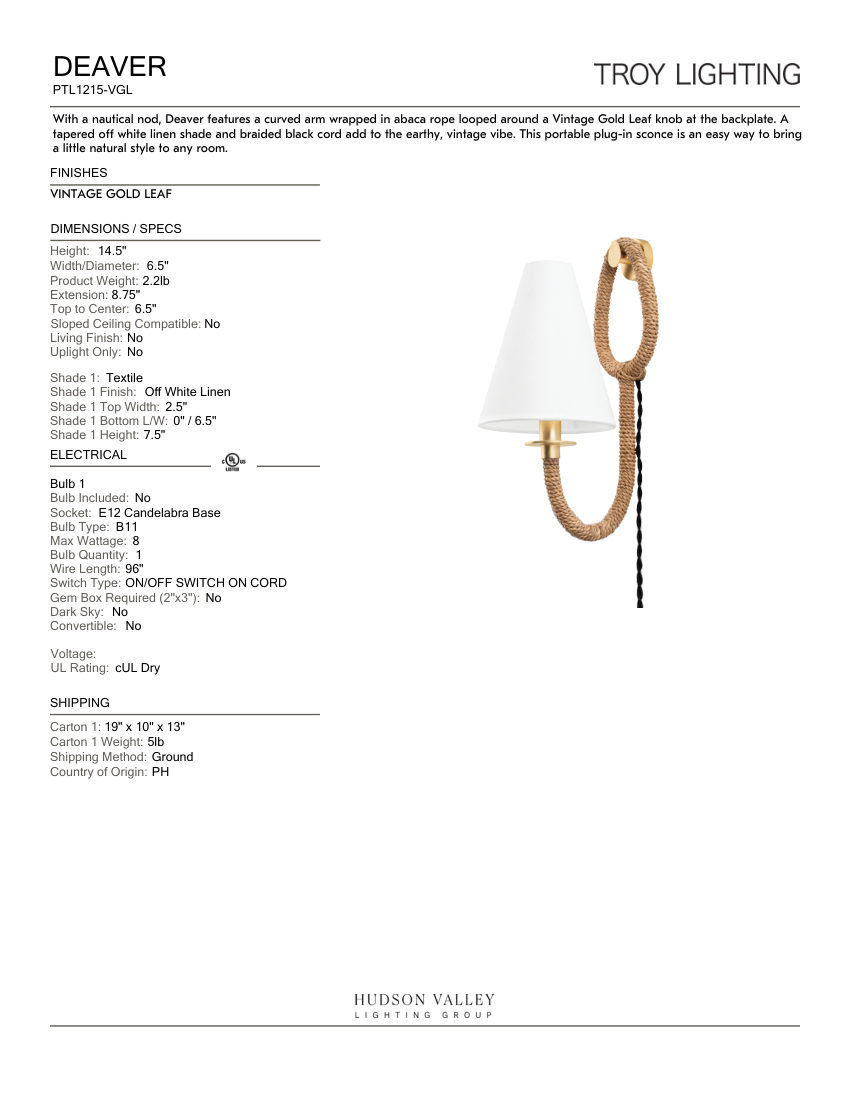Troy Lighting PTL1215-VGL cut sheet — first page