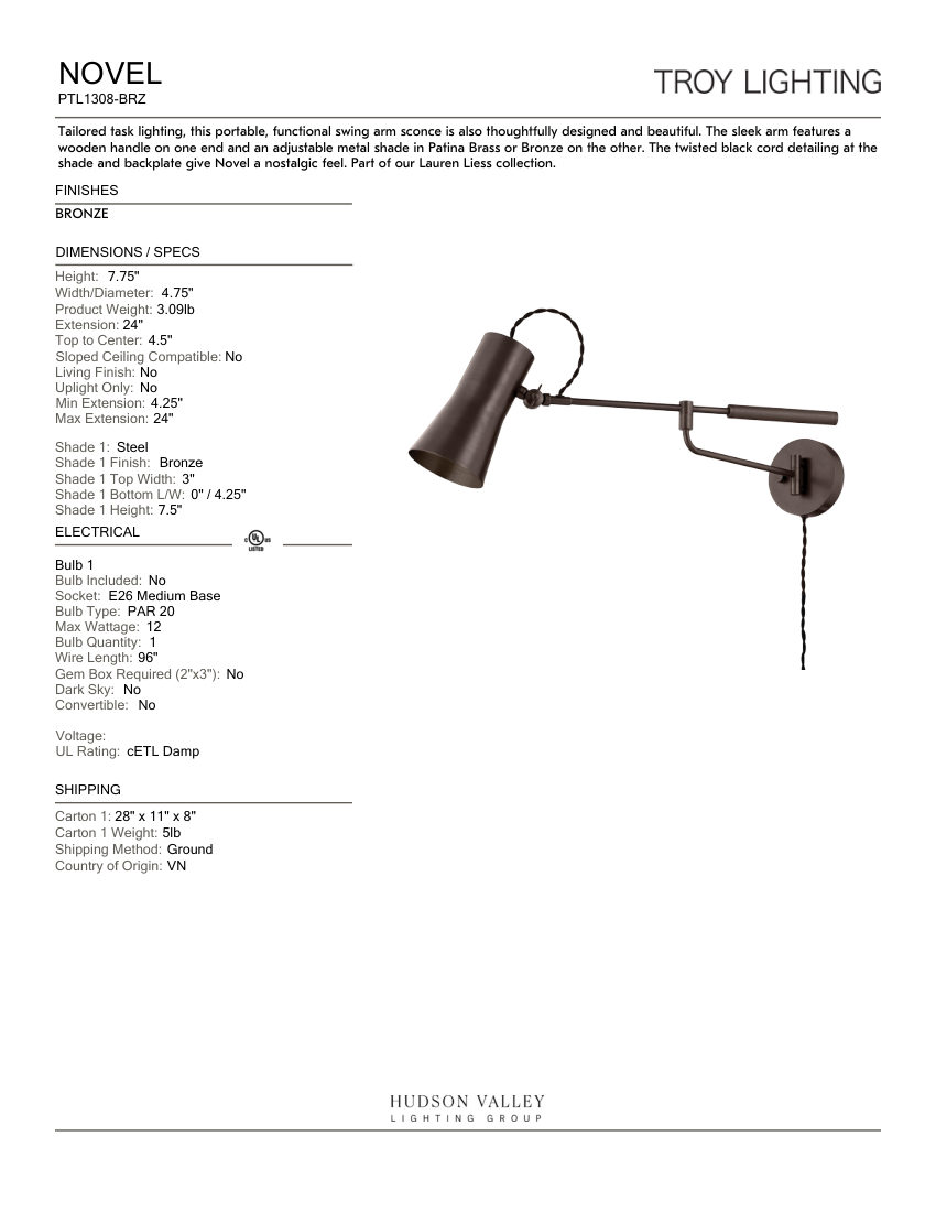 Troy Lighting PTL1308-BRZ cut sheet — first page