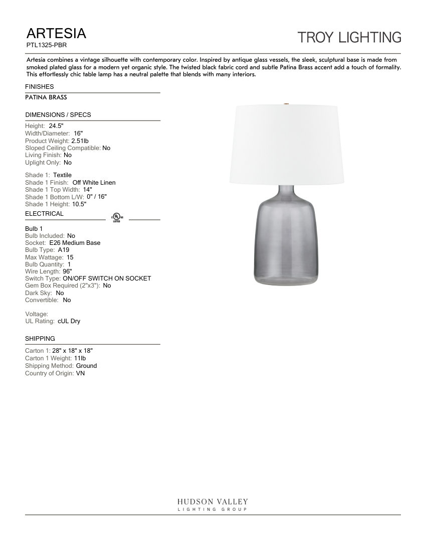 Troy Lighting PTL1325-PBR cut sheet — first page