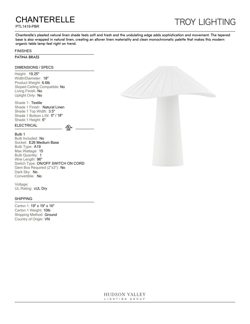 Troy Lighting PTL1419-PBR cut sheet — first page