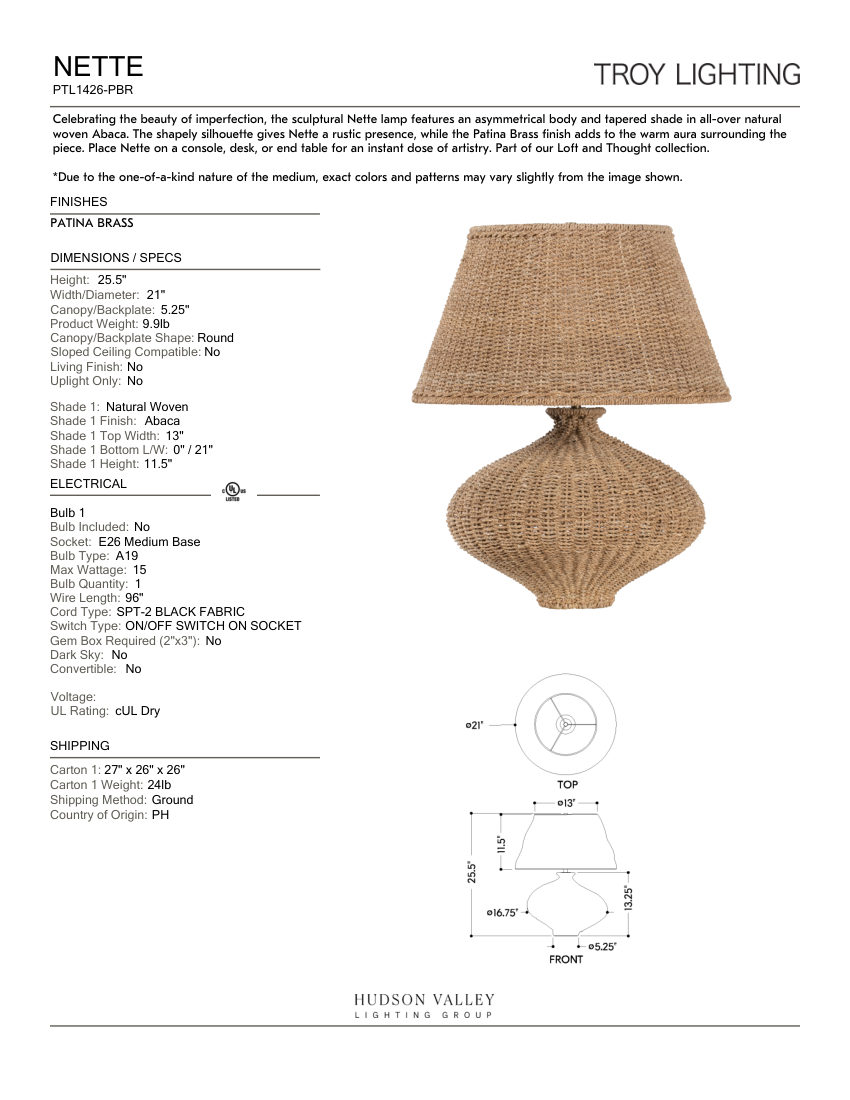 Troy Lighting PTL1426-PBR cut sheet — first page