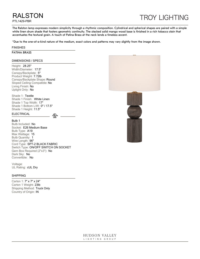 Troy Lighting PTL1429-PBR cut sheet — first page