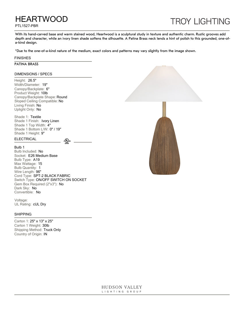 Troy Lighting PTL1527-PBR cut sheet — first page
