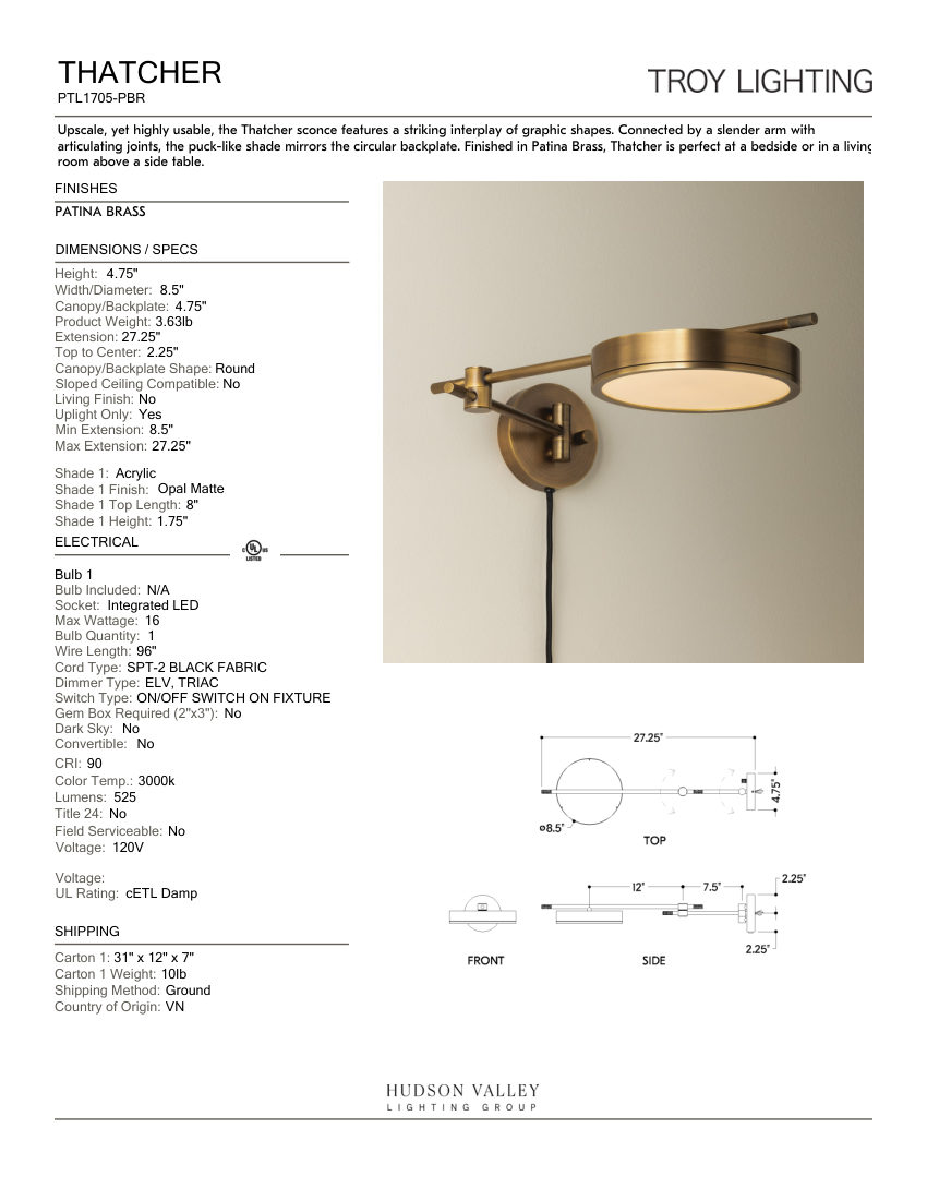 Troy Lighting PTL1705-PBR cut sheet — first page
